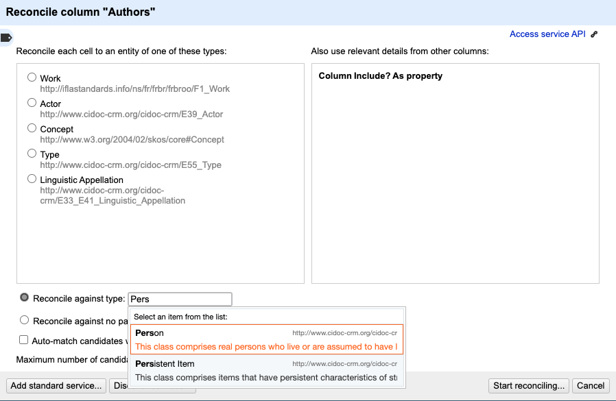 Example of matching entities against a type person, which will filter and give you results who belong to the type person. To filter, click the checkbox near the bottom third of the page labeled Reconcile against type and enter your desired type in the box to the right of it.